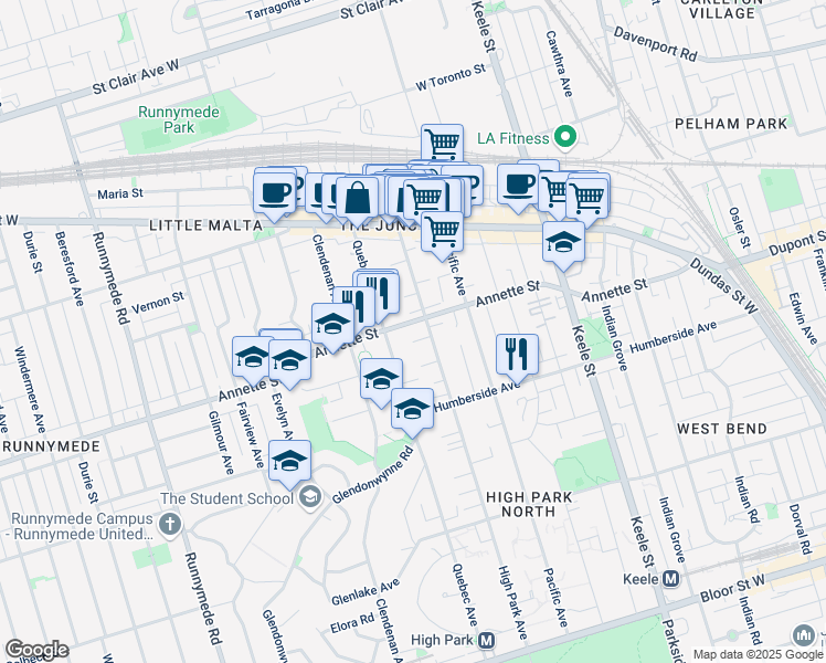 map of restaurants, bars, coffee shops, grocery stores, and more near 2162 Bloor Street West in Toronto