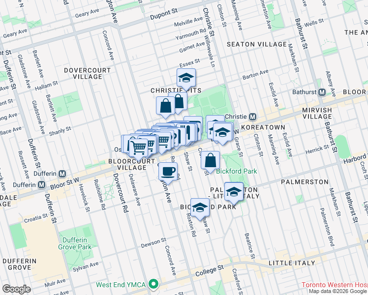 map of restaurants, bars, coffee shops, grocery stores, and more near Bloor St W & Shaw St in Toronto