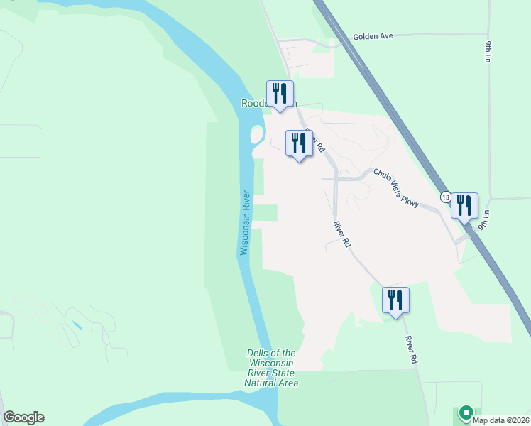 map of restaurants, bars, coffee shops, grocery stores, and more near 2411 River Road in Wisconsin Dells