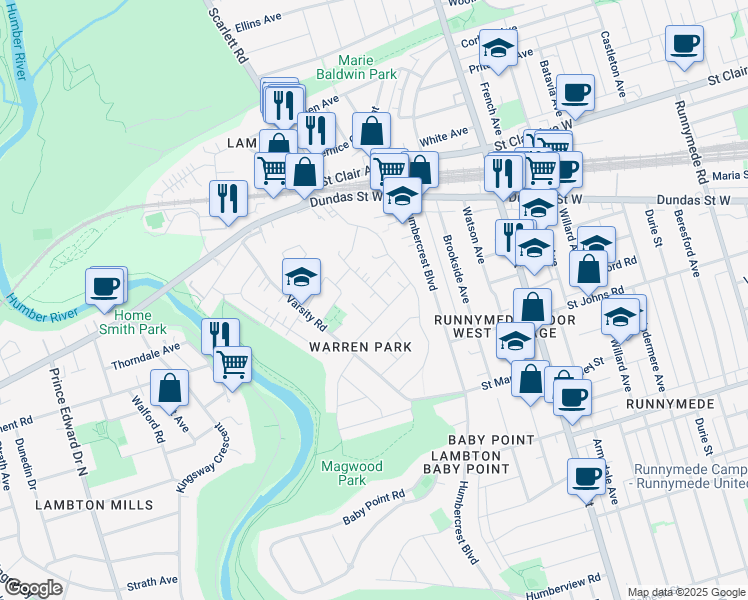 map of restaurants, bars, coffee shops, grocery stores, and more near 10 Skylark Road in Toronto