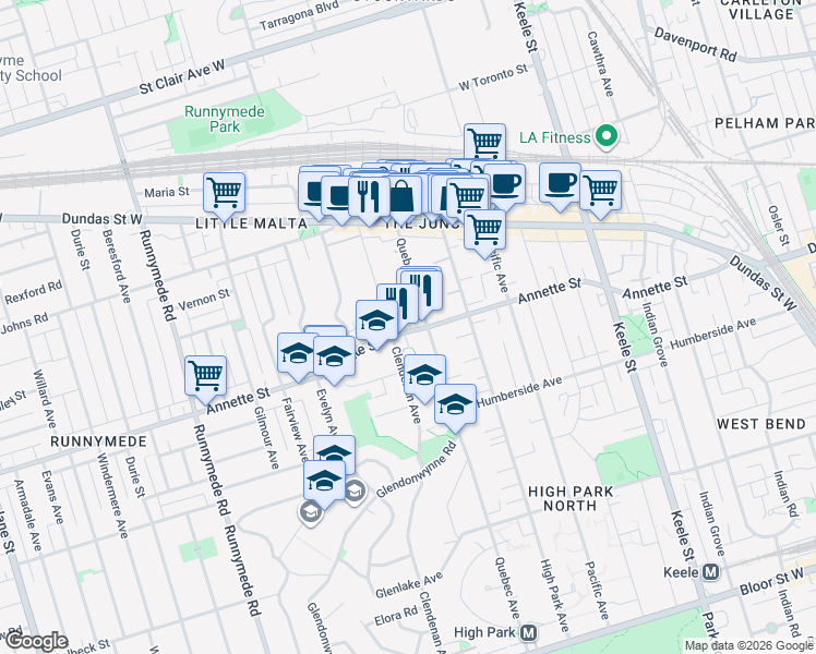map of restaurants, bars, coffee shops, grocery stores, and more near 252 Annette Street in Toronto