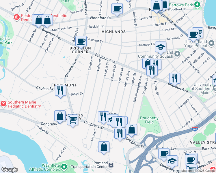 map of restaurants, bars, coffee shops, grocery stores, and more near 113 Edwards Street in Portland