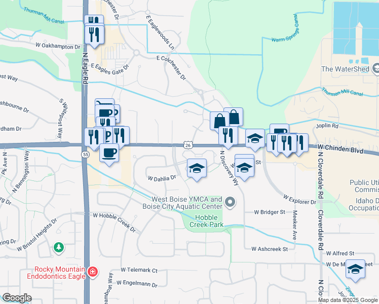 map of restaurants, bars, coffee shops, grocery stores, and more near 6392 North Park Meadow Way in Boise