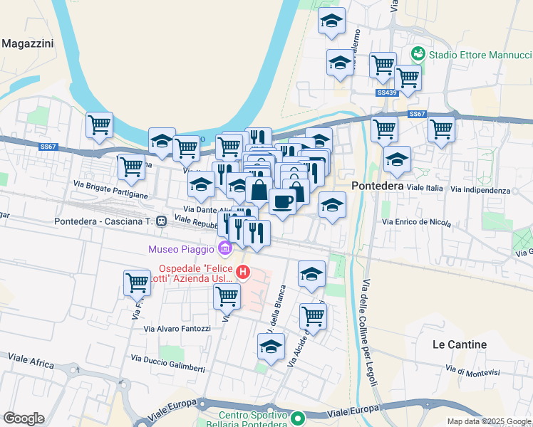 map of restaurants, bars, coffee shops, grocery stores, and more near 4 Viale Risorgimento in Pontedera