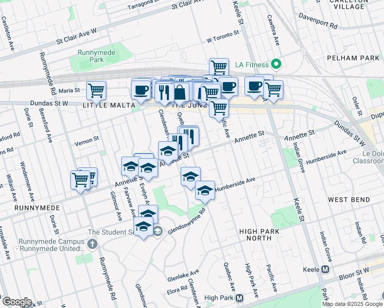 map of restaurants, bars, coffee shops, grocery stores, and more near Annette St & Quebec Ave in Toronto