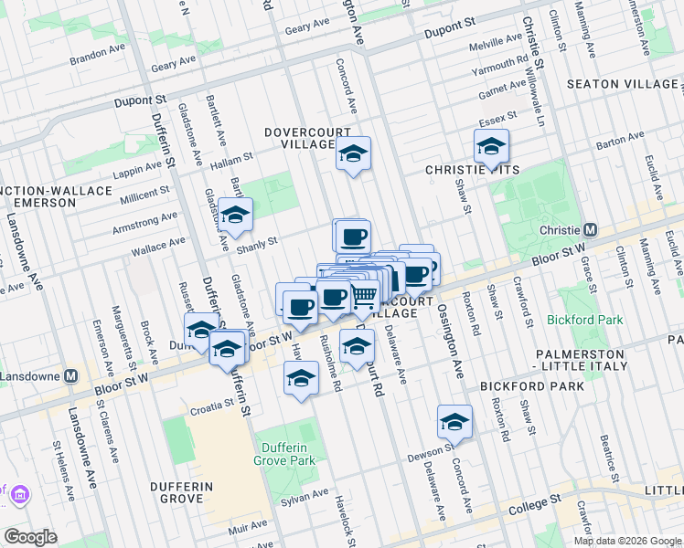 map of restaurants, bars, coffee shops, grocery stores, and more near 788 A Dovercourt Road in Toronto