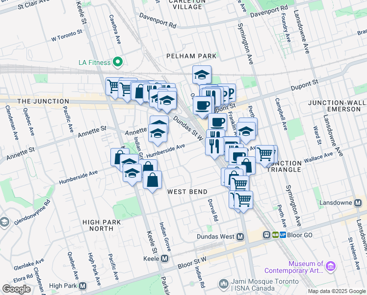 map of restaurants, bars, coffee shops, grocery stores, and more near 57 Humberside Avenue in Toronto