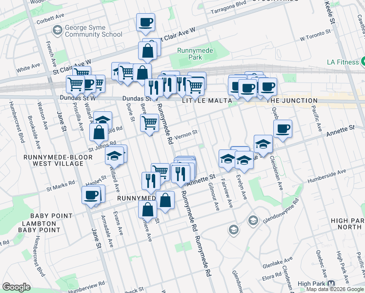 map of restaurants, bars, coffee shops, grocery stores, and more near in Toronto