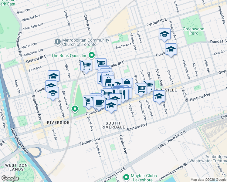 map of restaurants, bars, coffee shops, grocery stores, and more near 233 Carlaw Avenue in Toronto