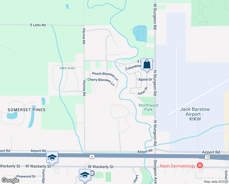 map of restaurants, bars, coffee shops, grocery stores, and more near 7220 Peach Blossom Lane in Midland