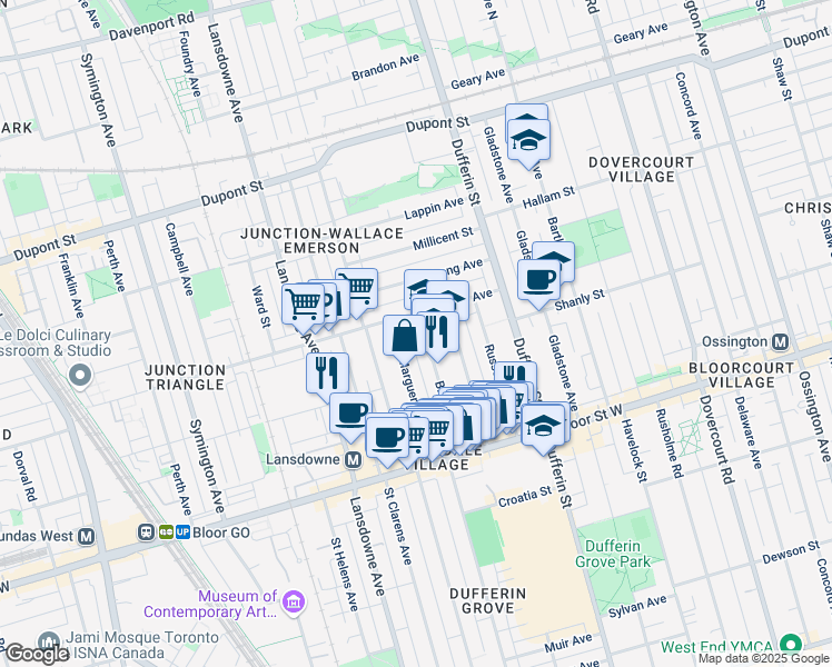 map of restaurants, bars, coffee shops, grocery stores, and more near 746 Brock Avenue in Toronto