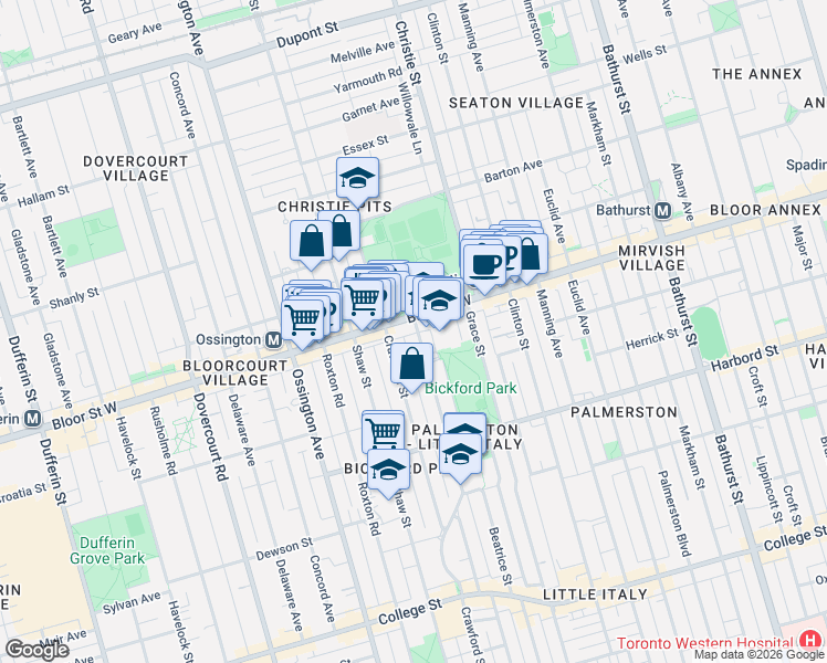 map of restaurants, bars, coffee shops, grocery stores, and more near 486 Montrose Avenue in Toronto