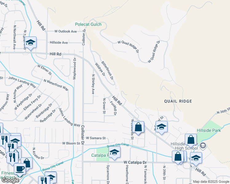 map of restaurants, bars, coffee shops, grocery stores, and more near 4401 West Hill Road in Boise