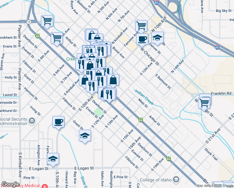 map of restaurants, bars, coffee shops, grocery stores, and more near 1110 Blaine Street in Caldwell