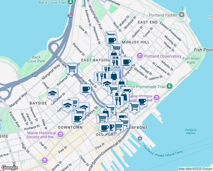 map of restaurants, bars, coffee shops, grocery stores, and more near 14 Locust Street in Portland