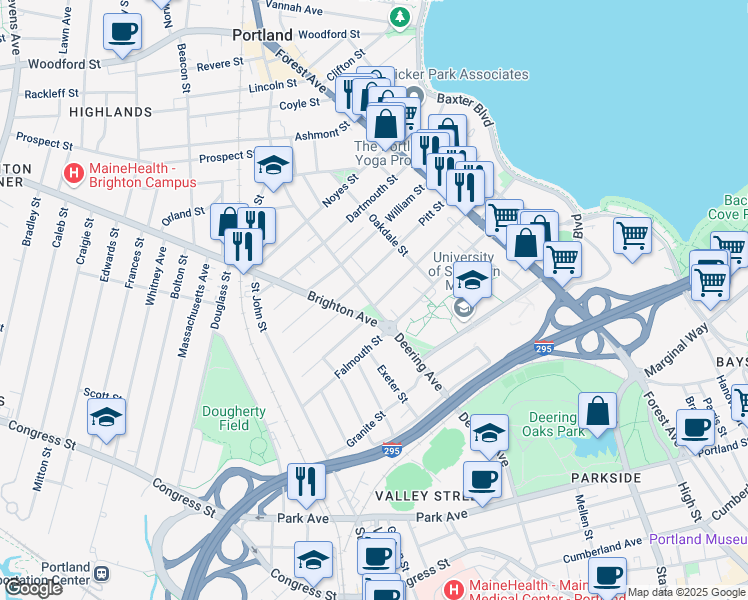 map of restaurants, bars, coffee shops, grocery stores, and more near 260 Deering Avenue in Portland