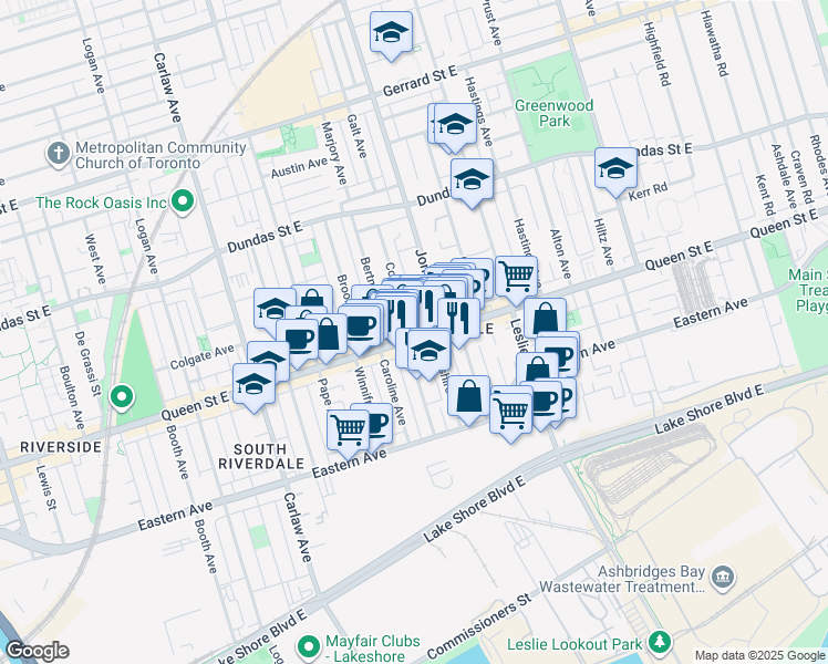 map of restaurants, bars, coffee shops, grocery stores, and more near in Toronto