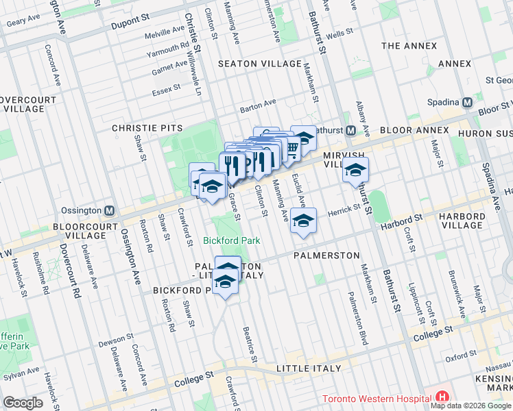 map of restaurants, bars, coffee shops, grocery stores, and more near in Toronto