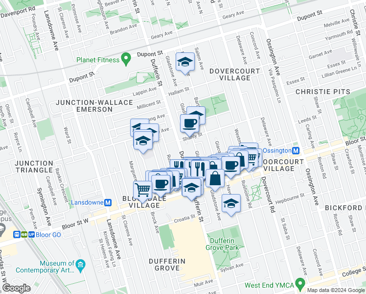 map of restaurants, bars, coffee shops, grocery stores, and more near in Toronto