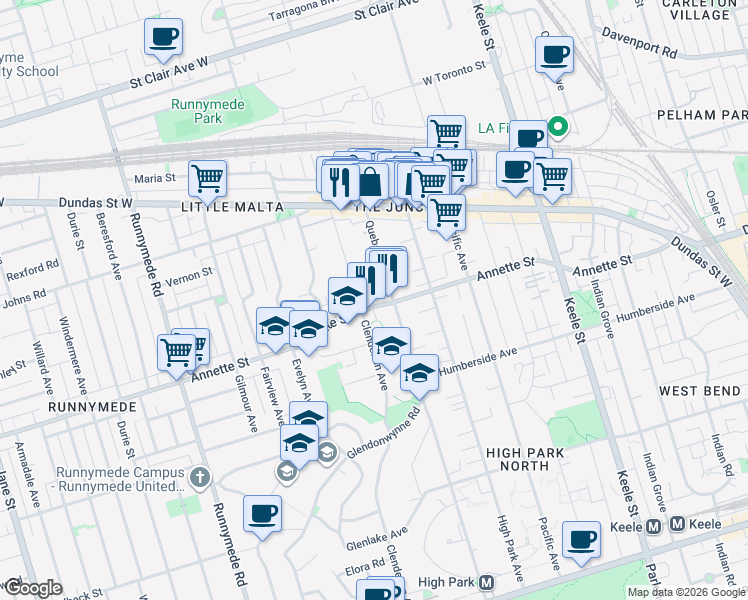 map of restaurants, bars, coffee shops, grocery stores, and more near in Toronto