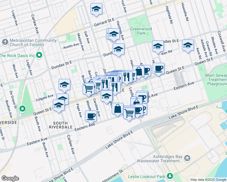 map of restaurants, bars, coffee shops, grocery stores, and more near 1175 Queen Street East in Toronto