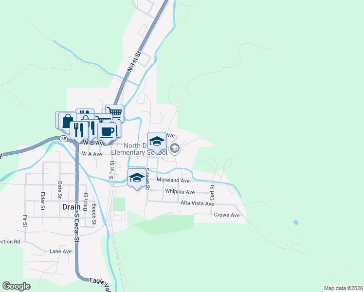 map of restaurants, bars, coffee shops, grocery stores, and more near 495 East B Avenue in Drain