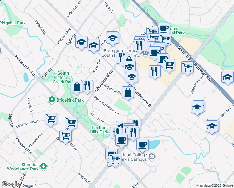 map of restaurants, bars, coffee shops, grocery stores, and more near 44 Keystone Drive in Brampton