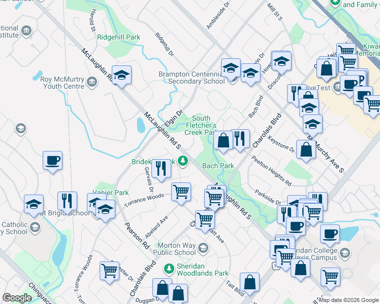 map of restaurants, bars, coffee shops, grocery stores, and more near 8305 McLaughlin Road South in Brampton
