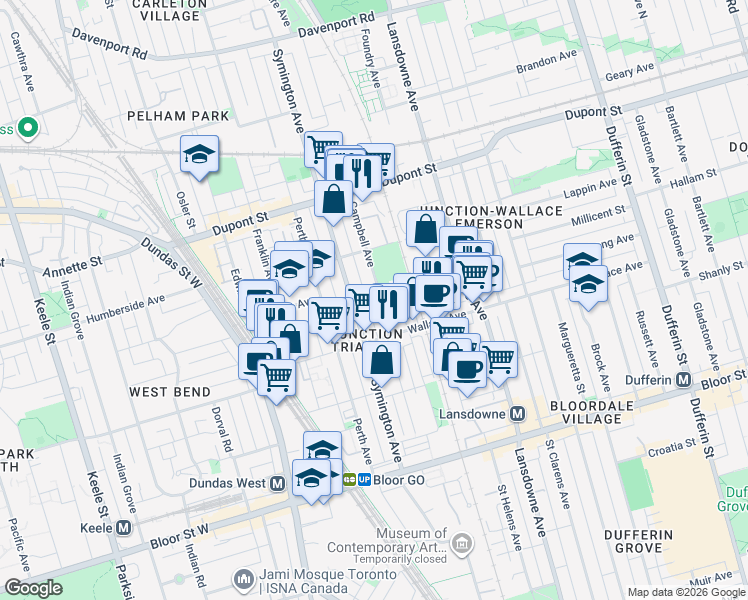 map of restaurants, bars, coffee shops, grocery stores, and more near 192 Campbell Avenue in Toronto
