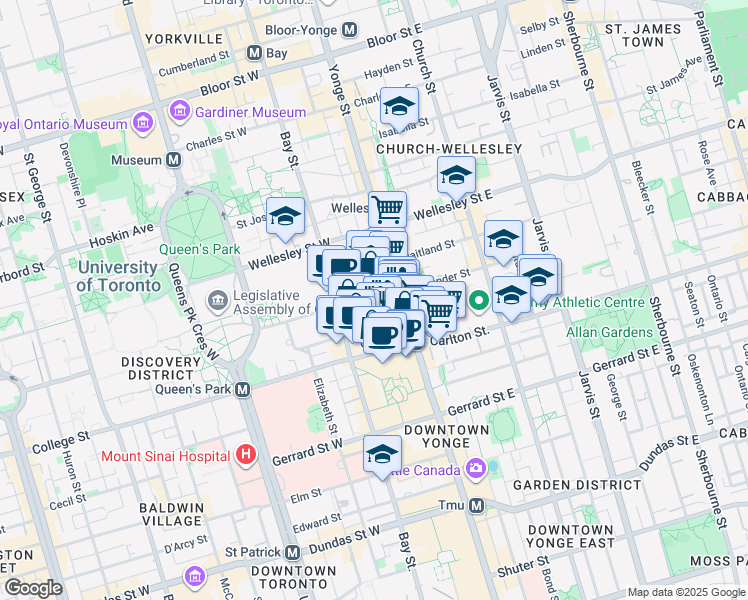map of restaurants, bars, coffee shops, grocery stores, and more near 7 Grosvenor Street in Toronto