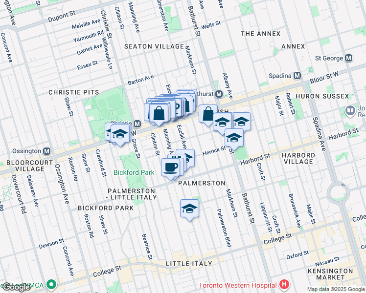 map of restaurants, bars, coffee shops, grocery stores, and more near 636 Euclid Avenue in Toronto
