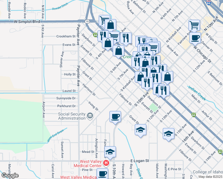 map of restaurants, bars, coffee shops, grocery stores, and more near 705 South 7th Avenue in Caldwell