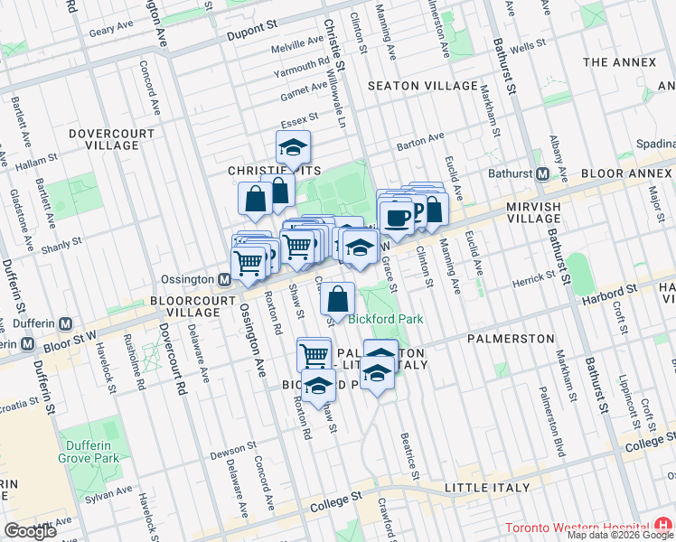 map of restaurants, bars, coffee shops, grocery stores, and more near 490 Montrose Avenue in Toronto