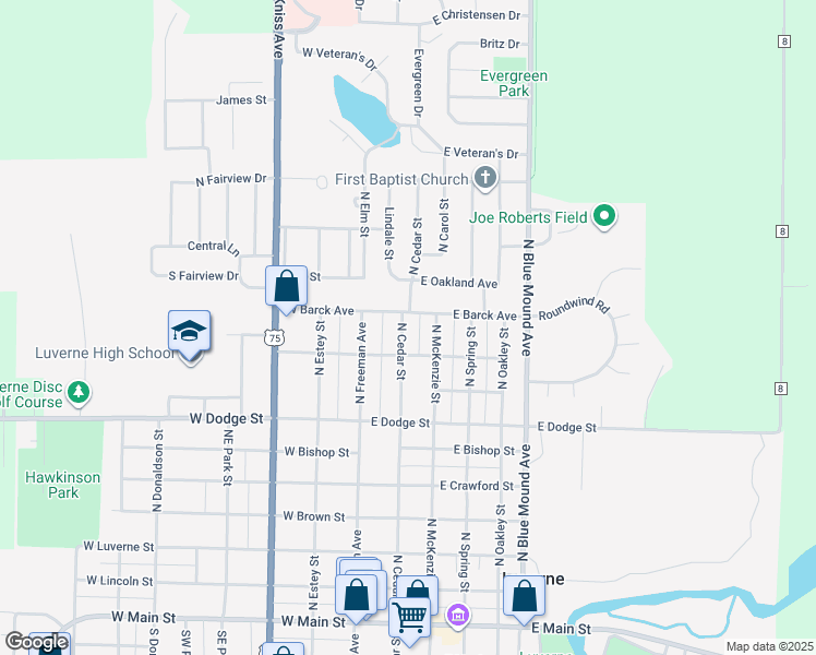 map of restaurants, bars, coffee shops, grocery stores, and more near 203 East Adams Avenue in Luverne