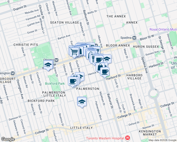map of restaurants, bars, coffee shops, grocery stores, and more near 499 Palmerston Boulevard in Toronto