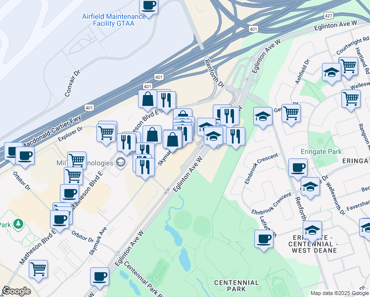 map of restaurants, bars, coffee shops, grocery stores, and more near 403-2800 Skymark Avenue in Mississauga