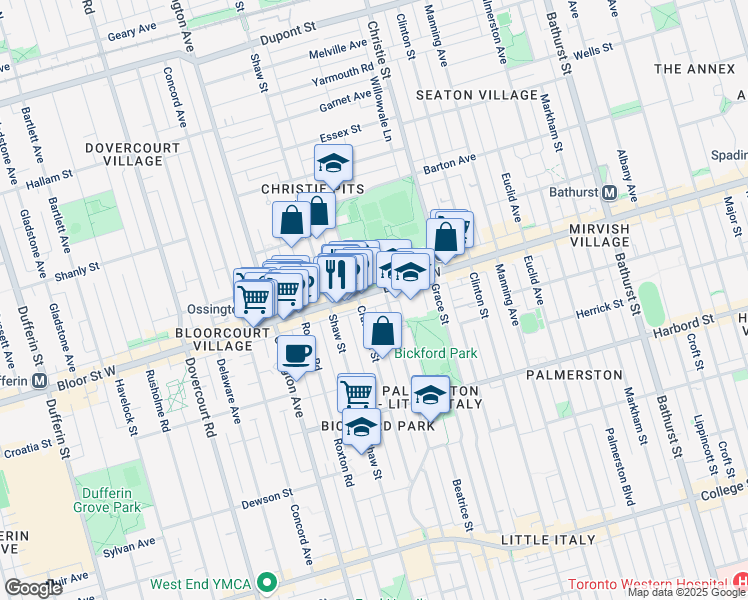 map of restaurants, bars, coffee shops, grocery stores, and more near in Toronto
