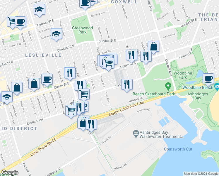 map of restaurants, bars, coffee shops, grocery stores, and more near 908 Eastern Avenue in Toronto