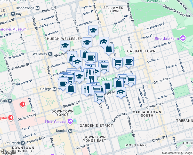 map of restaurants, bars, coffee shops, grocery stores, and more near 130 Carlton Street in Toronto