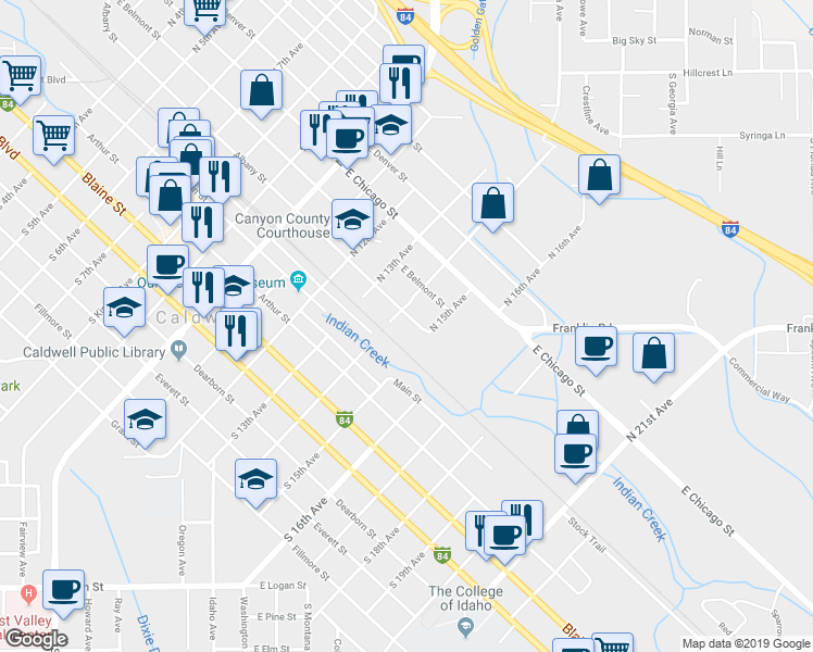 map of restaurants, bars, coffee shops, grocery stores, and more near 1410 Albany Street in Caldwell