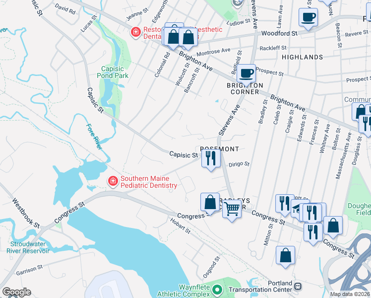 map of restaurants, bars, coffee shops, grocery stores, and more near 49 Frost Street in Portland