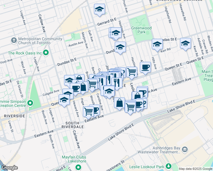 map of restaurants, bars, coffee shops, grocery stores, and more near in Toronto
