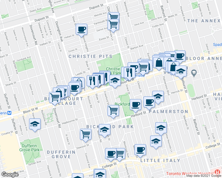 map of restaurants, bars, coffee shops, grocery stores, and more near in Toronto