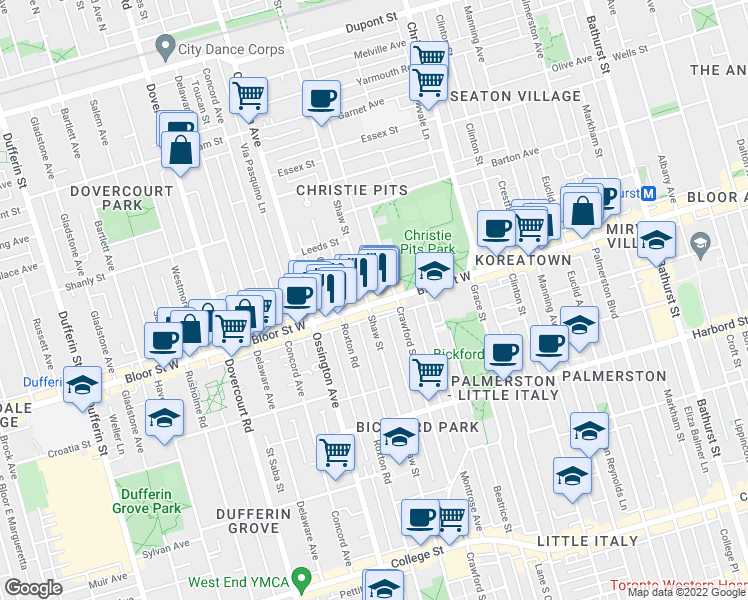 map of restaurants, bars, coffee shops, grocery stores, and more near in Toronto