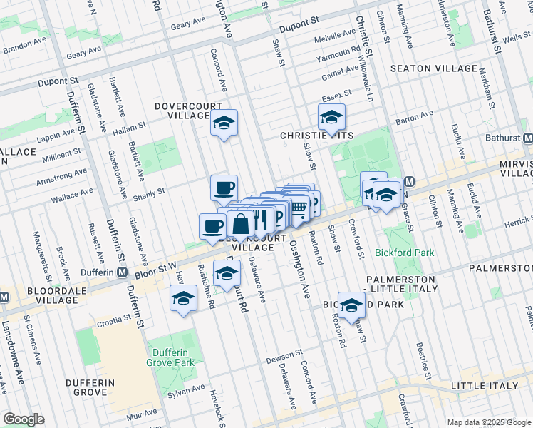 map of restaurants, bars, coffee shops, grocery stores, and more near 927 Bloor Street West in Toronto