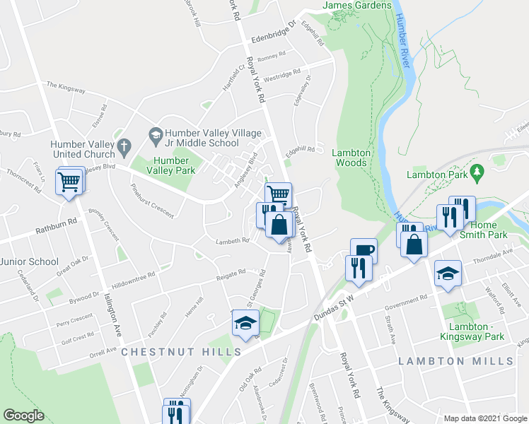 map of restaurants, bars, coffee shops, grocery stores, and more near 12 Bexhill Court in Toronto