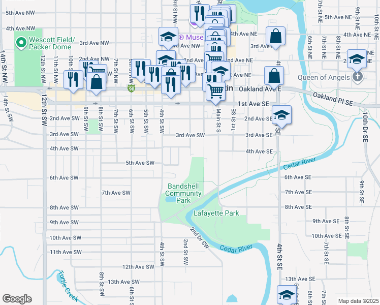 map of restaurants, bars, coffee shops, grocery stores, and more near 513 3rd Street Southwest in Austin