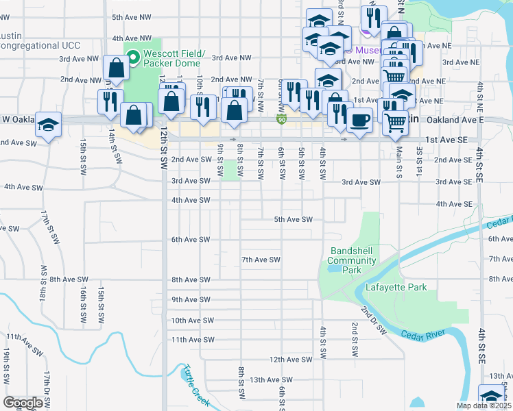 map of restaurants, bars, coffee shops, grocery stores, and more near 711 5th Avenue Southwest in Austin
