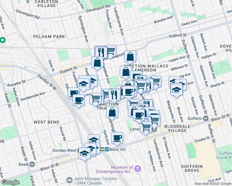map of restaurants, bars, coffee shops, grocery stores, and more near 26 Sarnia Avenue in Toronto
