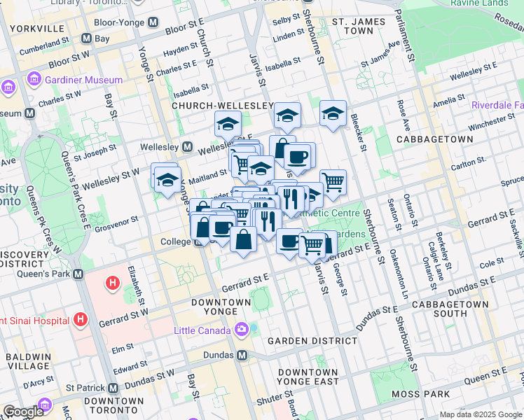 map of restaurants, bars, coffee shops, grocery stores, and more near 85 Wood Street in Toronto